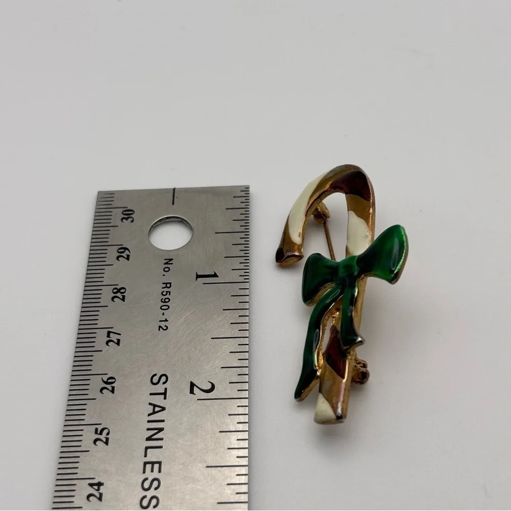 Christmas Red and White Striped Candy Cane Brooch with Dark Green Bow